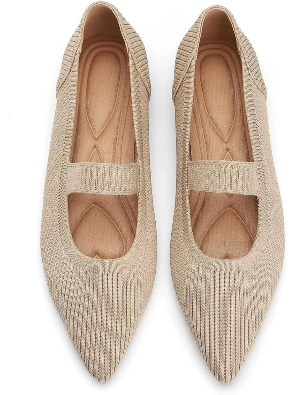 Women All Beige Comfortable Pointed Toe Knit Foldable Slip On Ballet Flat Shoes